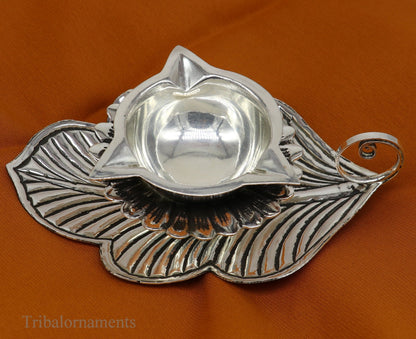 925 sterling silver Divine oil lamp with a vintage tree leaf design, 3-joth traditional puja lamp from India by TRIBAL ORNAMENTS.