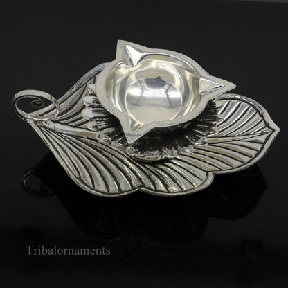 925 sterling silver Divine oil lamp with vintage tree leaf design, 3 Joth, traditional puja utensil from India, by TRIBAL ORNAMENTS