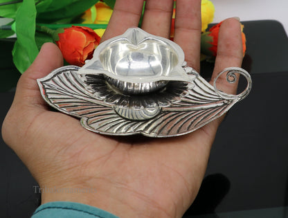 925 sterling silver Divine oil lamp with a vintage tree leaf design, featuring three joth lamps, ideal for puja or gifting.
