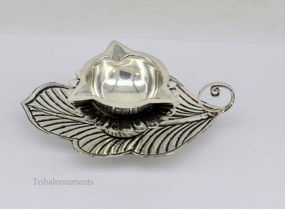 925 sterling silver divine oil lamp with vintage tree leaf design, 3-joth puja lamp, ideal for gifting or religious rituals from India
