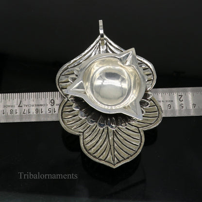 925 sterling silver divine oil lamp with intricate tree leaf vintage design, 3-joth traditional puja lamp from Tribal Ornaments.