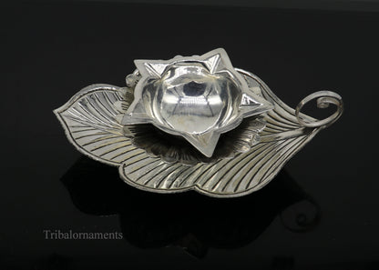 925 sterling silver Divine oil lamp with vintage tree leaf design, 5 joth, ideal for puja rituals and Indian gifting.
