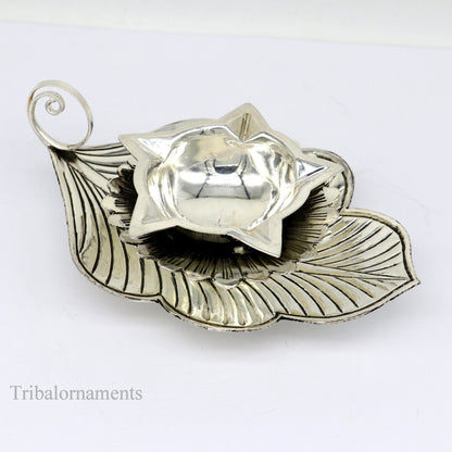 925 sterling silver divine oil lamp with vintage tree leaf design, 5 Joth, ideal for puja rituals or gifting, from TRIBAL ORNAMENTS