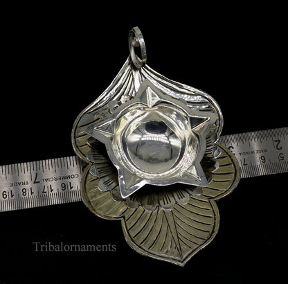 Sterling silver Divine oil lamp with vintage tree leaf design, 5-joth puja lamp from Tribal Ornaments, ideal for gifting or religious rituals.