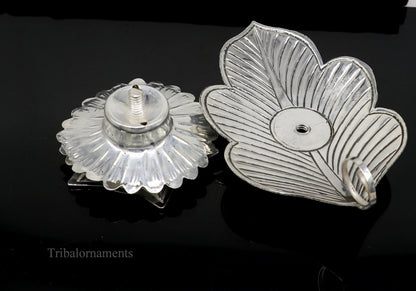 925 sterling silver Divine oil lamp with vintage tree leaf design, 5 Joth, ideal for puja rituals and traditional Indian gifting.