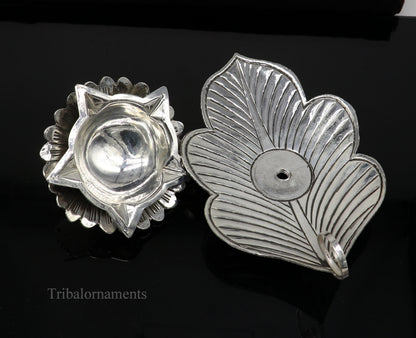 925 sterling silver Divine oil lamp with vintage tree leaf design, 5 Joth, ideal for puja, from TRIBAL ORNAMENTS.