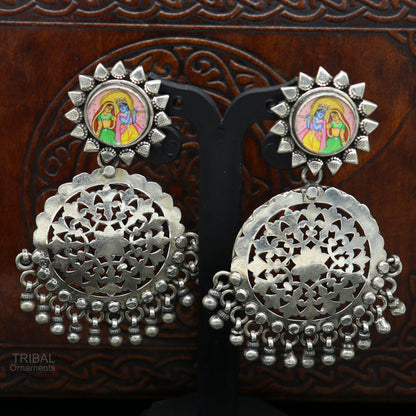 925 sterling silver drop dangle heavy look stud earring with exclusive Radha krishna panting, fabulous unique wedding brides earrings s968 - TRIBAL ORNAMENTS