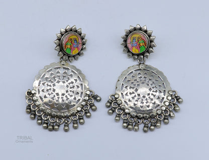925 sterling silver drop dangle heavy look stud earring with exclusive Radha krishna panting, fabulous unique wedding brides earrings s968 - TRIBAL ORNAMENTS