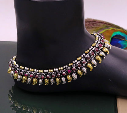 Sterling silver dual-tone mango tribal ankle bracelet or necklace with charms, versatile ethnic jewelry by TRIBAL ORNAMENTS.