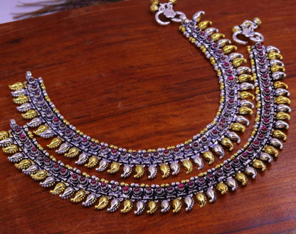 925 sterling silver dual-tone mango tribal ankle bracelet or necklace with ethnic charm, versatile tribal jewelry for bellydance or casual wear