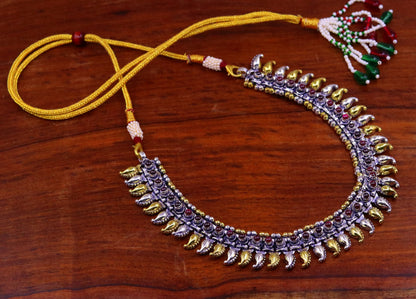 Sterling silver dual-tone mango tribal ankle bracelet or necklace with ethnic charms, versatile tribal jewelry for bellydance or casual wear.
