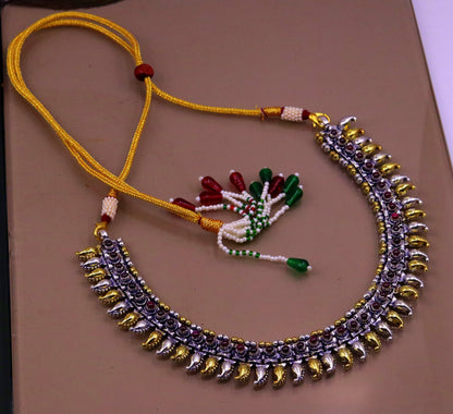 Sterling silver dual-tone mango ankle bracelet or necklace with tribal ethnic charm, versatile tribal ornaments jewelry piece.