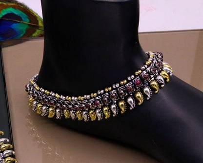 925 sterling silver dual-tone mango charm ankle bracelet or necklace, tribal ethnic jewelry, versatile bellydance accessory from TRIBAL ORNAMENTS.