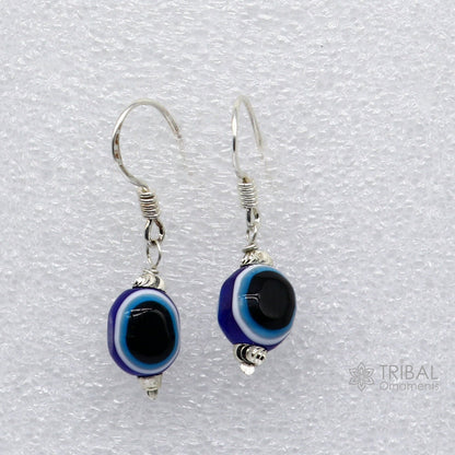 925 Sterling silver evil eye hoops earring with handmade drop dangle design, featuring colorful evil eye charms for girls.