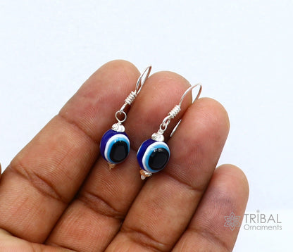 925 Sterling silver evil eye hoops earring with drop dangle design, handcrafted jewelry for girls by TRIBAL ORNAMENTS.