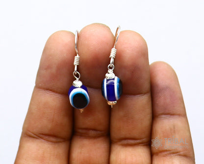 925 Sterling silver evil eye hoops earrings with drop dangle design, handmade jewelry featuring colorful evil eye charms for girls.
