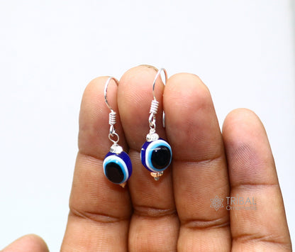 925 Sterling silver evil eye hoops earrings with handcrafted drop dangle design, featuring colorful evil eye charms for girls.