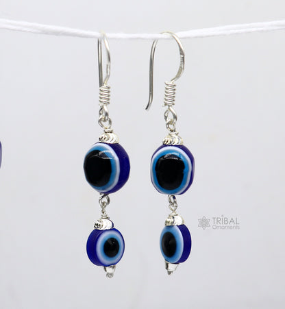 925 Sterling silver evil eye hoops earrings with drop dangle design, handmade jewelry featuring blue evil eye charms for girls.