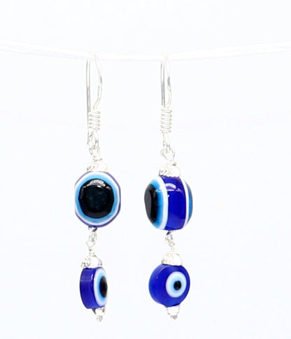 925 Sterling silver evil eye hoops earrings with drop dangle design, handmade jewelry for girls by TRIBAL ORNAMENTS.