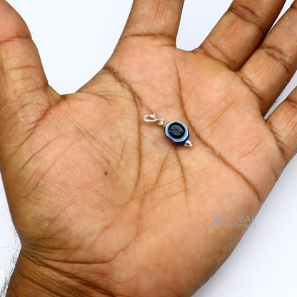 Sterling silver evil eye pendant with hand-crafted drop dangle design, customized jewelry for girls and kids by TRIBAL ORNAMENTS.