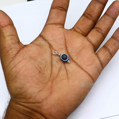 Sterling silver evil eye pendant with hand-crafted drop dangle design, custom jewelry for kids and girls by TRIBAL ORNAMENTS.