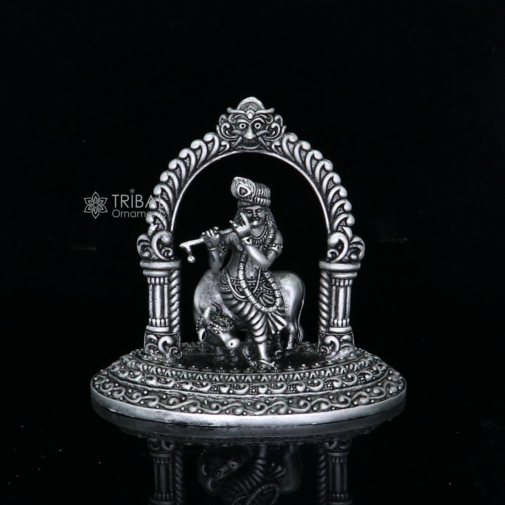 925 sterling silver Exclusive divine Hindu idol Krishna with cow Pendant, amazing design stunning figurine gifting puja articles art701 - TRIBAL ORNAMENTS