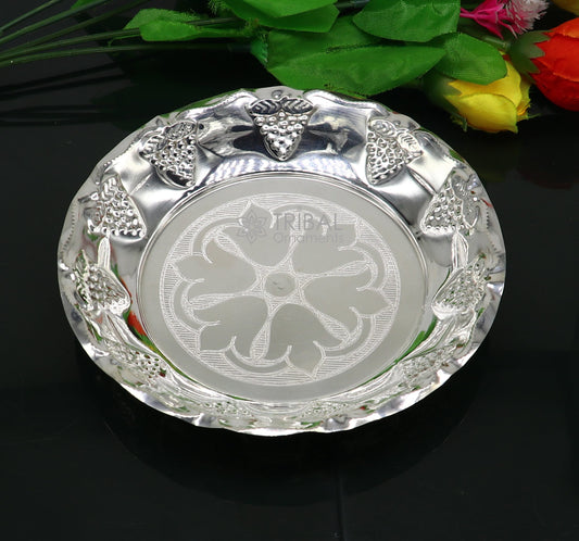 Handcrafted 925 sterling silver puja tray with lightweight design, featuring traditional silver utensils and decorative silver thali.