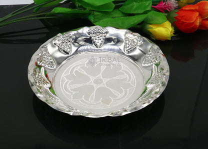 Handcrafted 925 sterling silver lightweight Puja tray with silver utensils and thali, featuring intricate tribal ornament design.