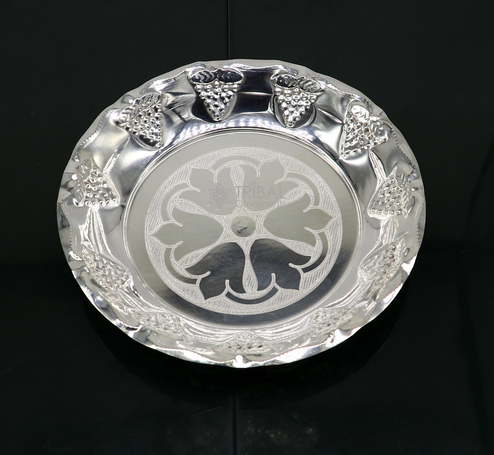 Handcrafted 925 sterling silver lightweight Puja tray with traditional silver utensils and thali by TRIBAL ORNAMENTS.