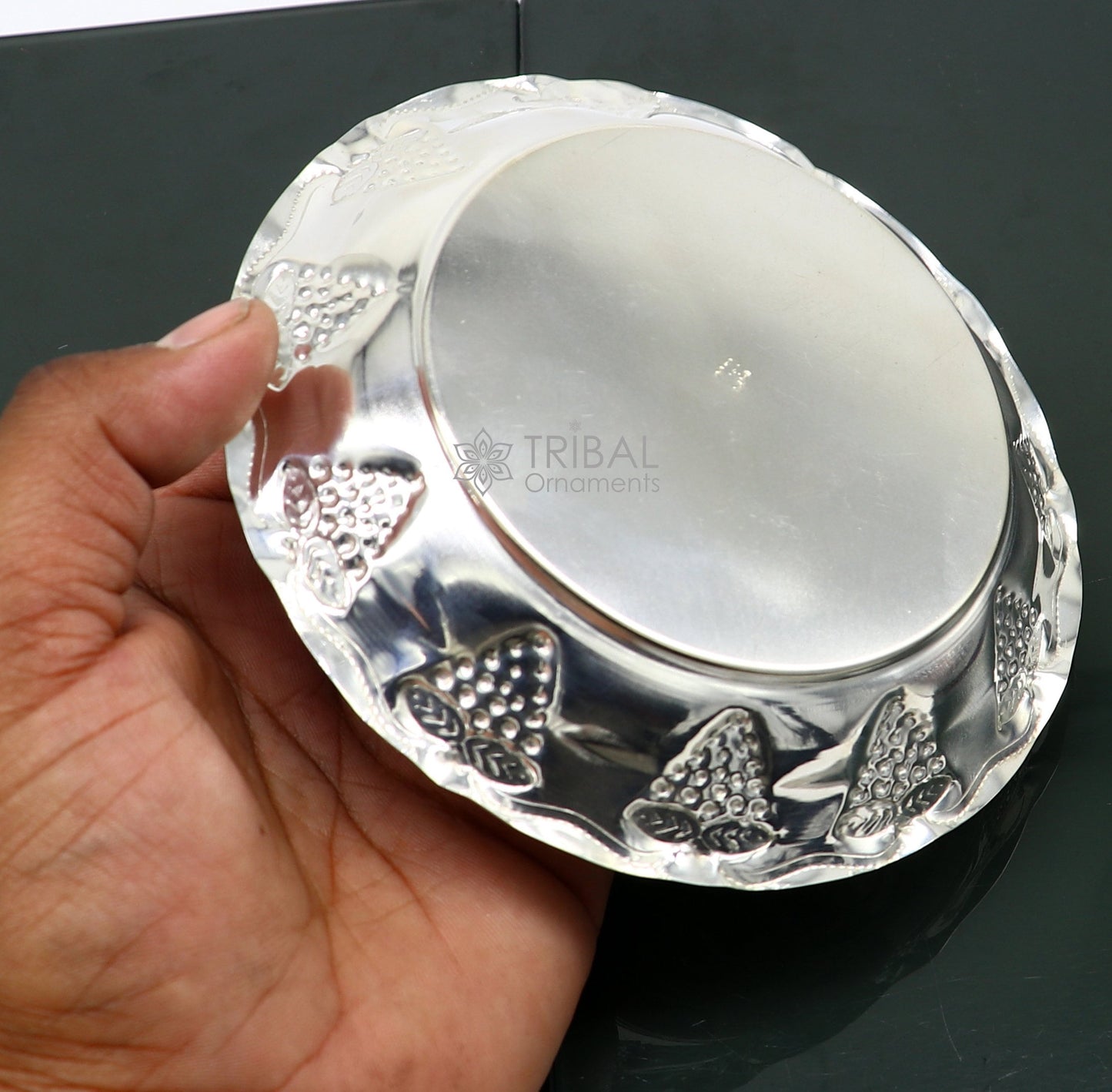 Handcrafted 925 sterling silver lightweight Puja tray with silver utensils and thali, designed for traditional religious ceremonies.