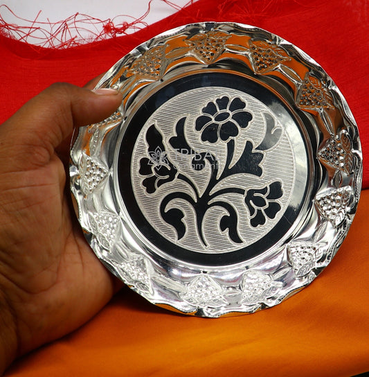 Handcrafted 925 sterling silver lightweight Puja tray with silver utensils and decorative silver thali from Tribal Ornaments.