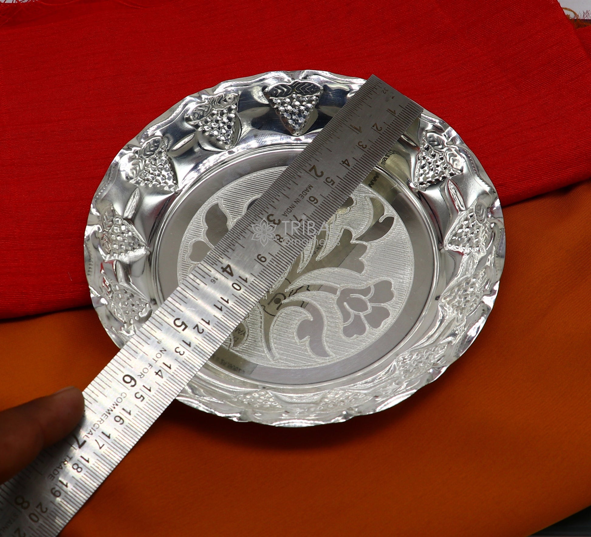 Handcrafted 925 sterling silver lightweight Puja tray with intricate design, includes silver utensils and decorative silver thali.