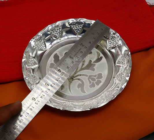 Handcrafted 925 sterling silver lightweight Puja tray with intricate design, includes silver utensils and decorative silver thali.