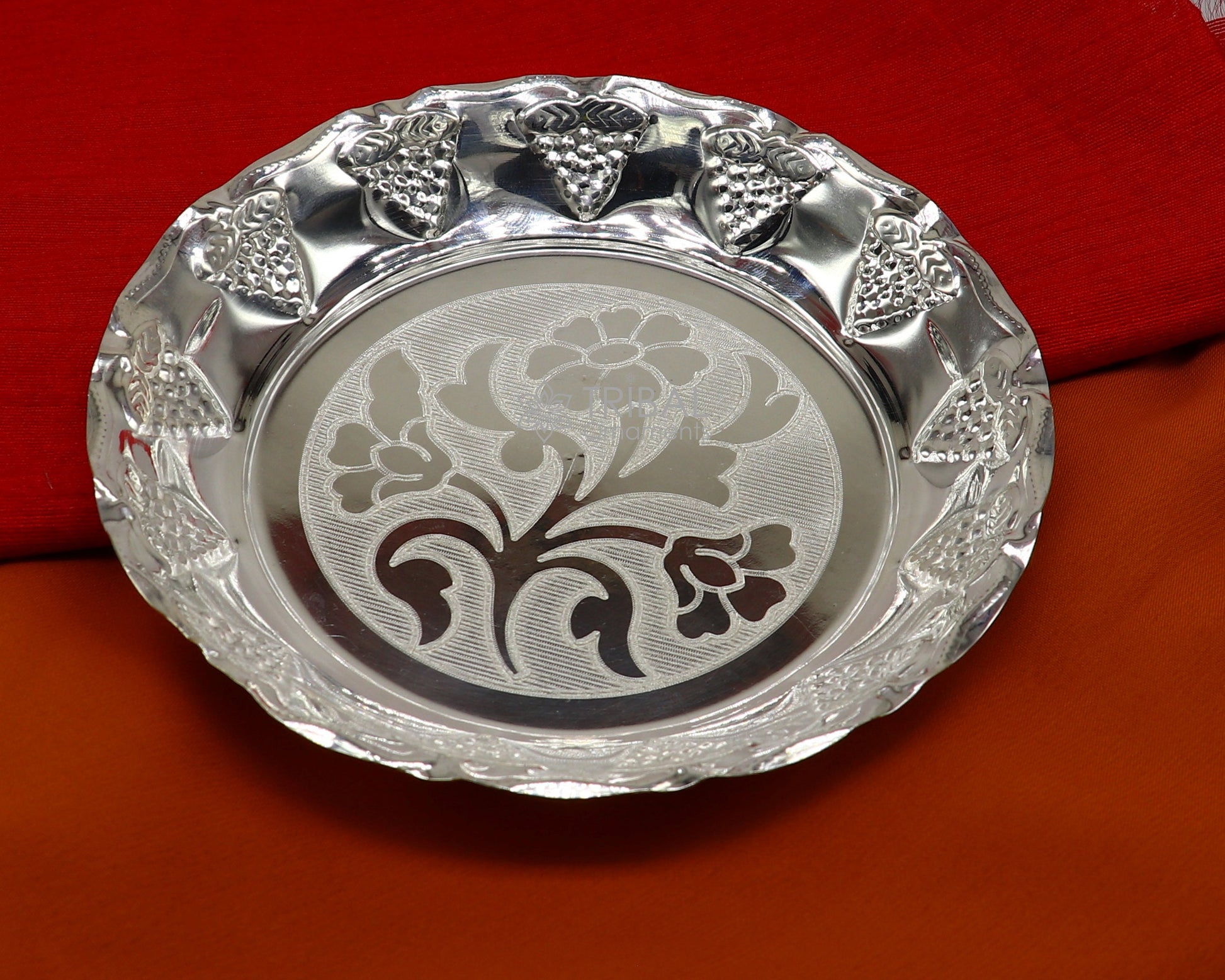 Handcrafted 925 sterling silver lightweight Puja tray with silver utensils and thali, traditional Indian silver religious plate.