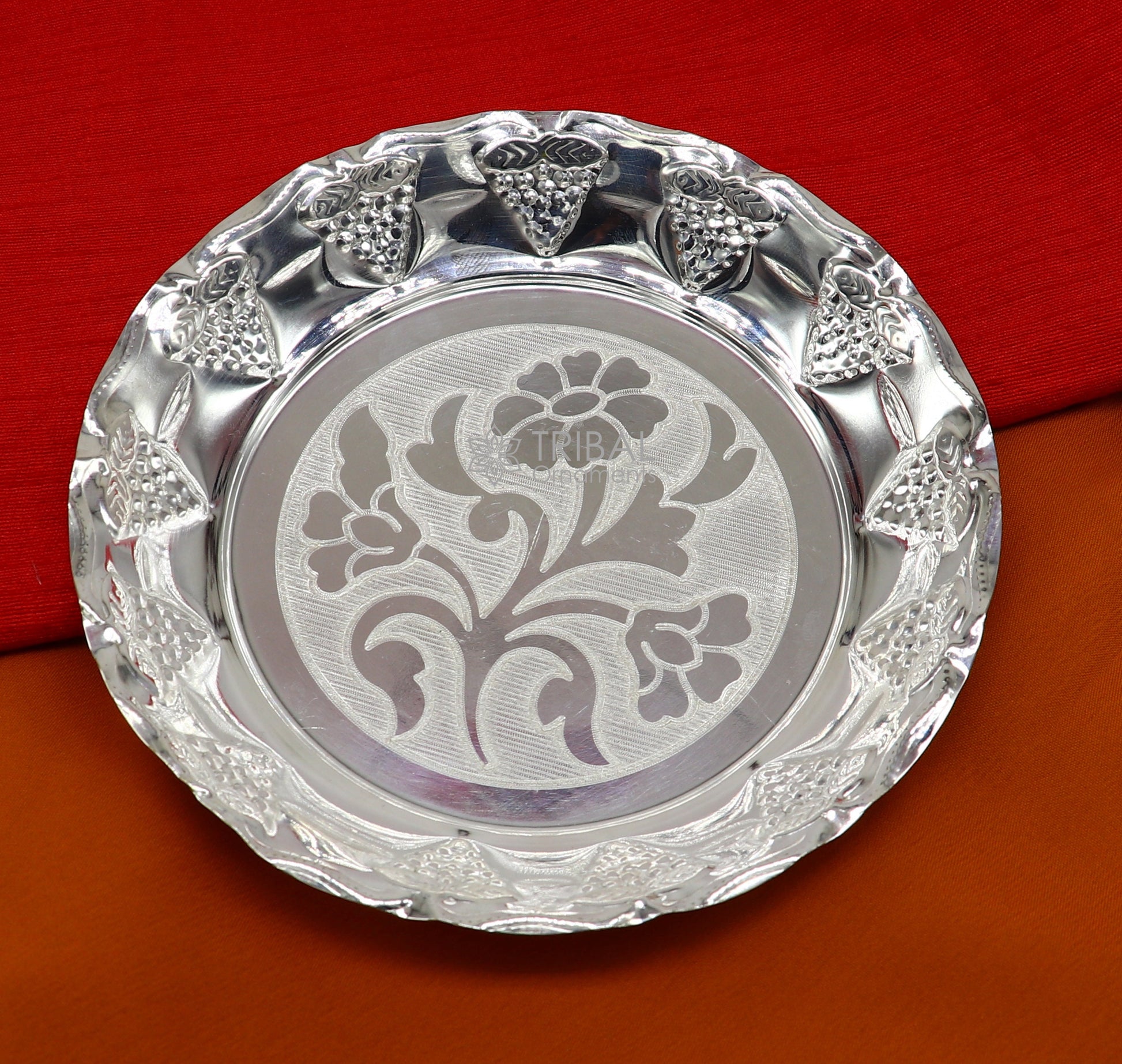 Handcrafted 925 sterling silver lightweight Puja tray with silver utensils and thali, crafted by Tribal Ornaments.