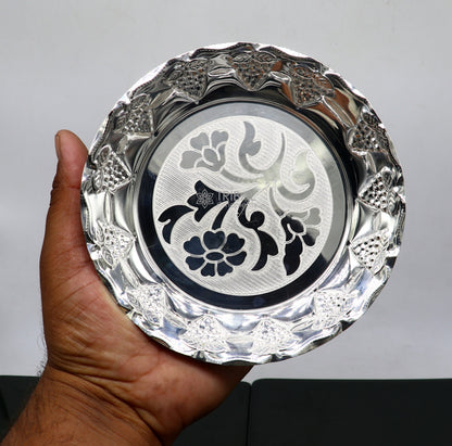 Handcrafted 925 sterling silver lightweight Puja tray with traditional silver utensils and decorative silver thali.
