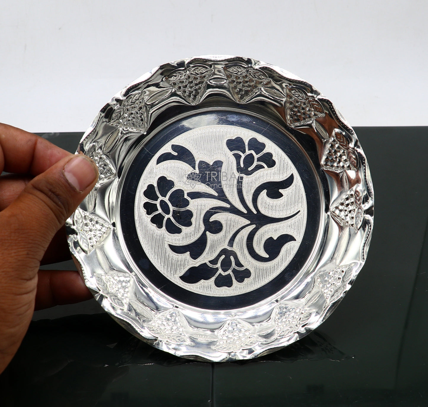 Handcrafted 925 sterling silver lightweight Puja tray with silver utensils and thali, designed for traditional religious offerings.