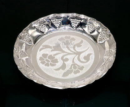 Handcrafted 925 sterling silver lightweight Puja tray with silver utensils and decorative silver thali for religious offerings.