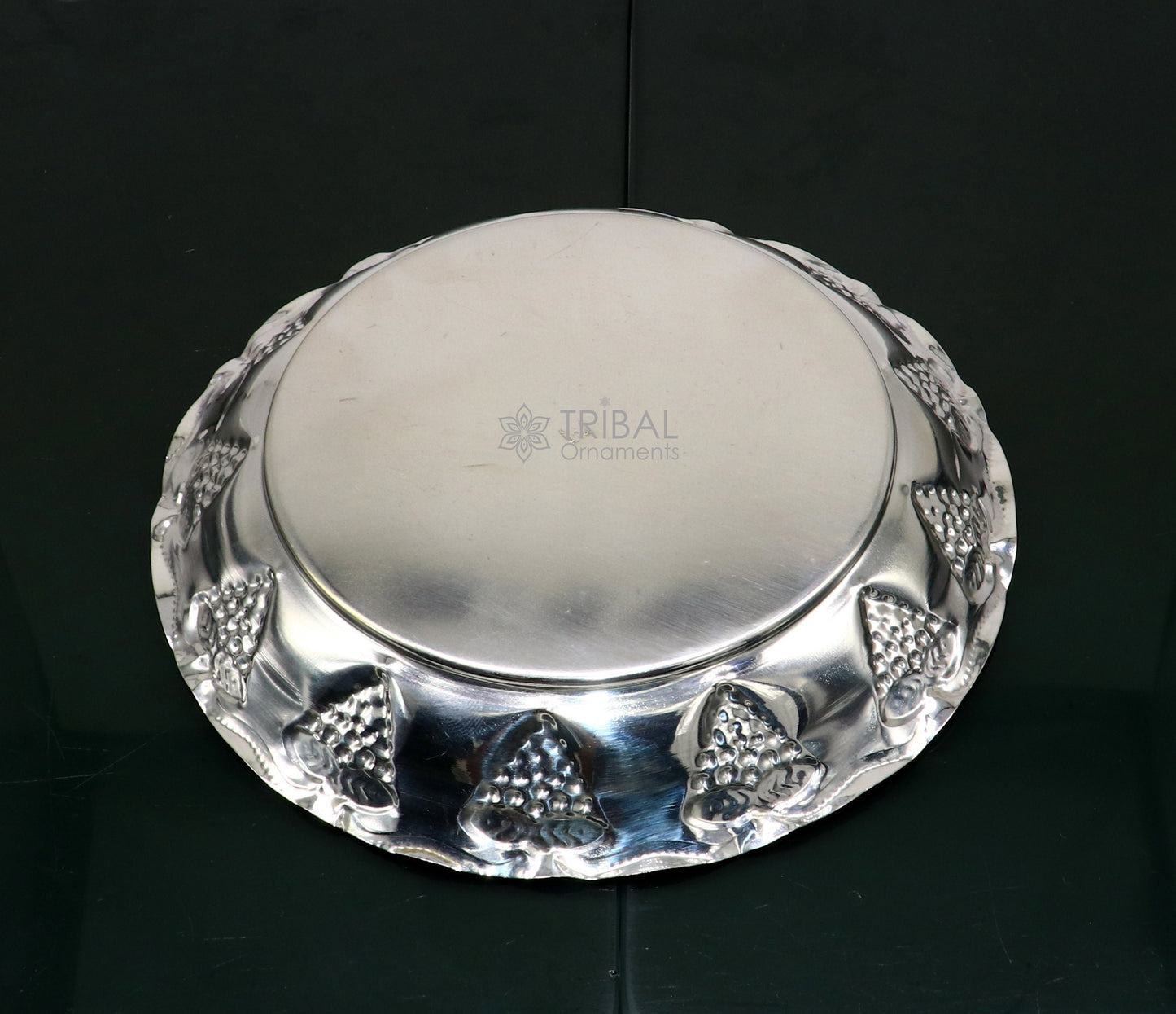 Lightweight 925 sterling silver handcrafted Puja tray with utensils, traditional silver thali by Tribal Ornaments.
