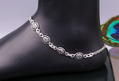 Sterling silver ankle bracelet with floral charm design, trendy feet jewelry by TRIBAL ORNAMENTS, stylish gift ank81.