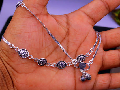 Sterling silver ankle bracelet with flower design, tribal ornaments charm foot jewelry, stylish trendy silver anklet for women.