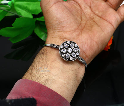 Sterling silver bangle bracelet with a fabulous cut stone, featuring a cuff design, perfect for girls, personalized jewelry by Tribal Ornaments.