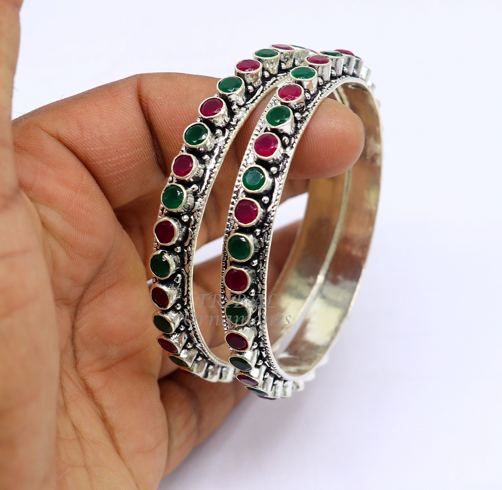 925 sterling silver handmade fabulous cut stone bangle bracelet gorgeous green and red color stone elegant girl's women's jewelry ba175 - TRIBAL ORNAMENTS