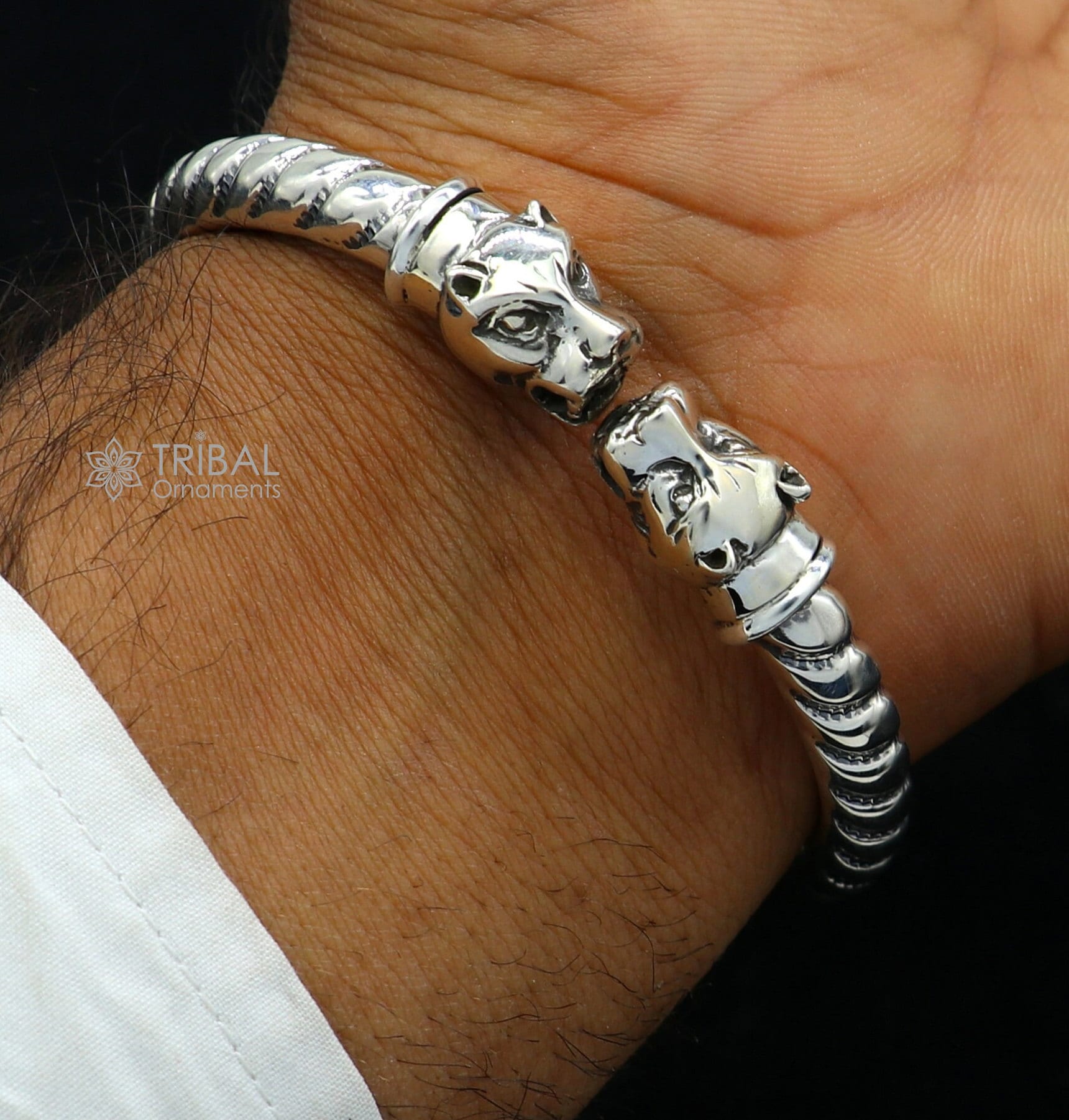 925 sterling silver lion face kada bangle bracelet with tribal belly dance-inspired design and attractive, intricate detailing.