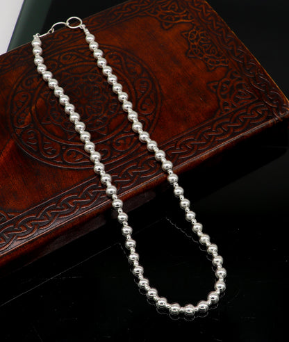 925 sterling silver beaded necklace with shiny, plain design, modern trendy style for wedding or bridal jewelry, choker length.
