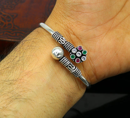 925 sterling silver multi-color gemstone bangle cuff bracelet with red stones, unisex, customized jewelry by TRIBAL ORNAMENTS.