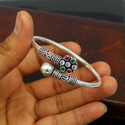 925 sterling silver bangle bracelet with multicolor gemstones, tribal-inspired cuff jewelry for unisex, customized and personalized.