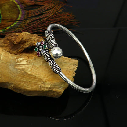 Unisex 925 sterling silver bangle with colorful gemstones, customized tribal jewelry cuff bracelet by TRIBAL ORNAMENTS.