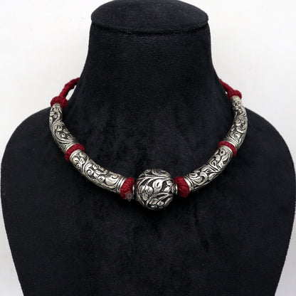 925 sterling silver beaded necklace featuring intricate tribal design, perfect for brides, weddings, and ethnic jewelry styles.