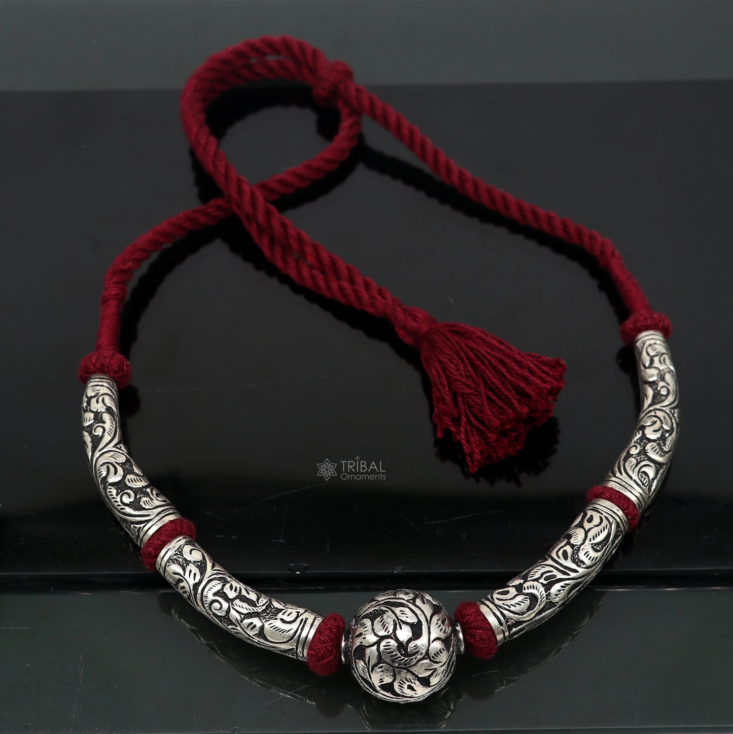 925 sterling silver beaded necklace with intricate tribal design, ideal for brides and ethnic wedding jewelry sets.
